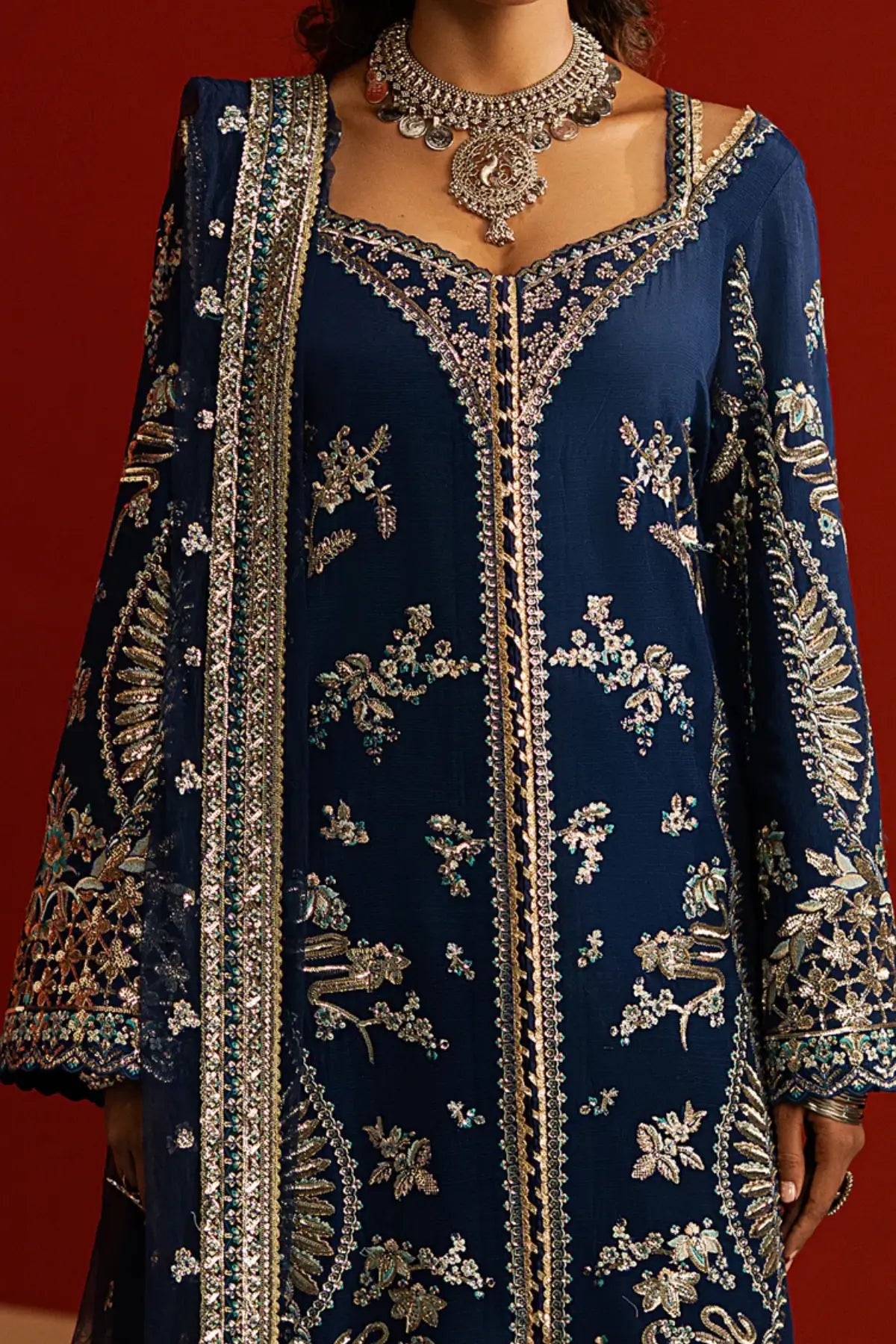 Mahreen Afrozeh navy raw silk Pakistani formal dress DIVANI 2025 stitched Pakistanimoda