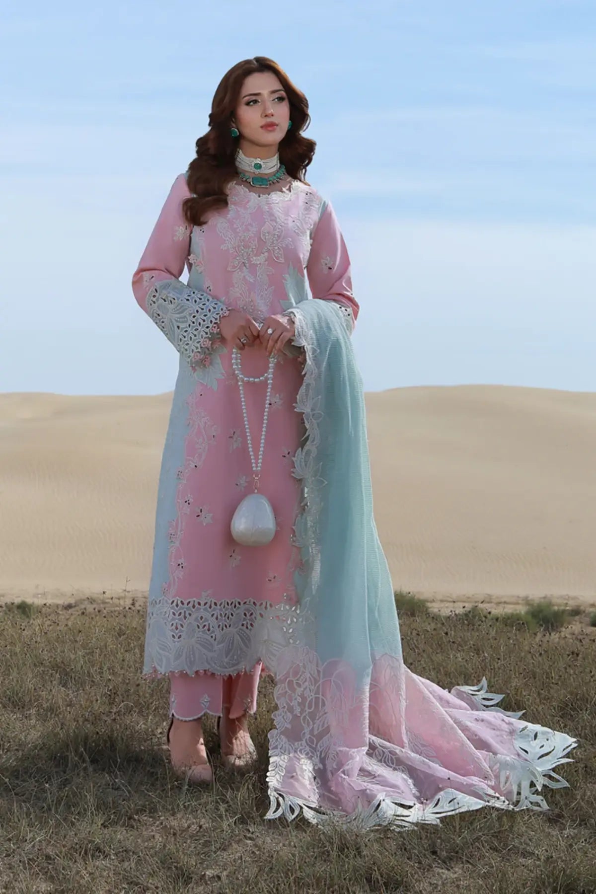 Rang Rasiya Mahsa powdered sky embroidered lawn stitched outfit with organza details Pakistanimoda
