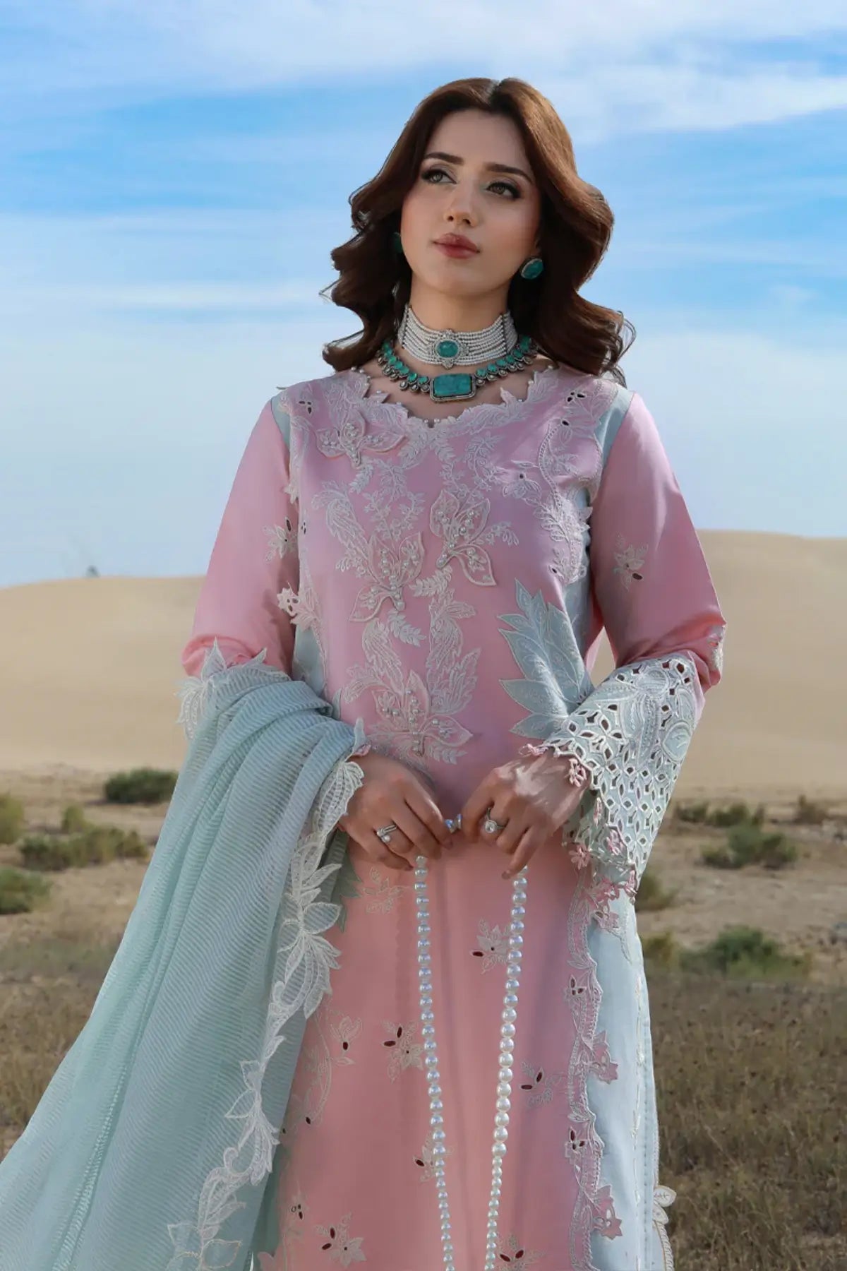 Rang Rasiya Mahsa powdered sky embroidered lawn stitched outfit with organza details Pakistanimoda