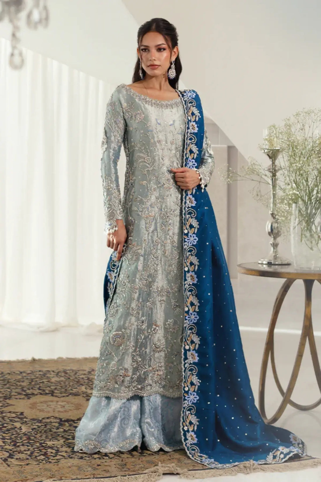 Mahsa Sage Green Embroidered Lame Silk Walima Stitched Suit with Cotton Silk Pants and Deep Teal Blue Raw Silk Dupatta