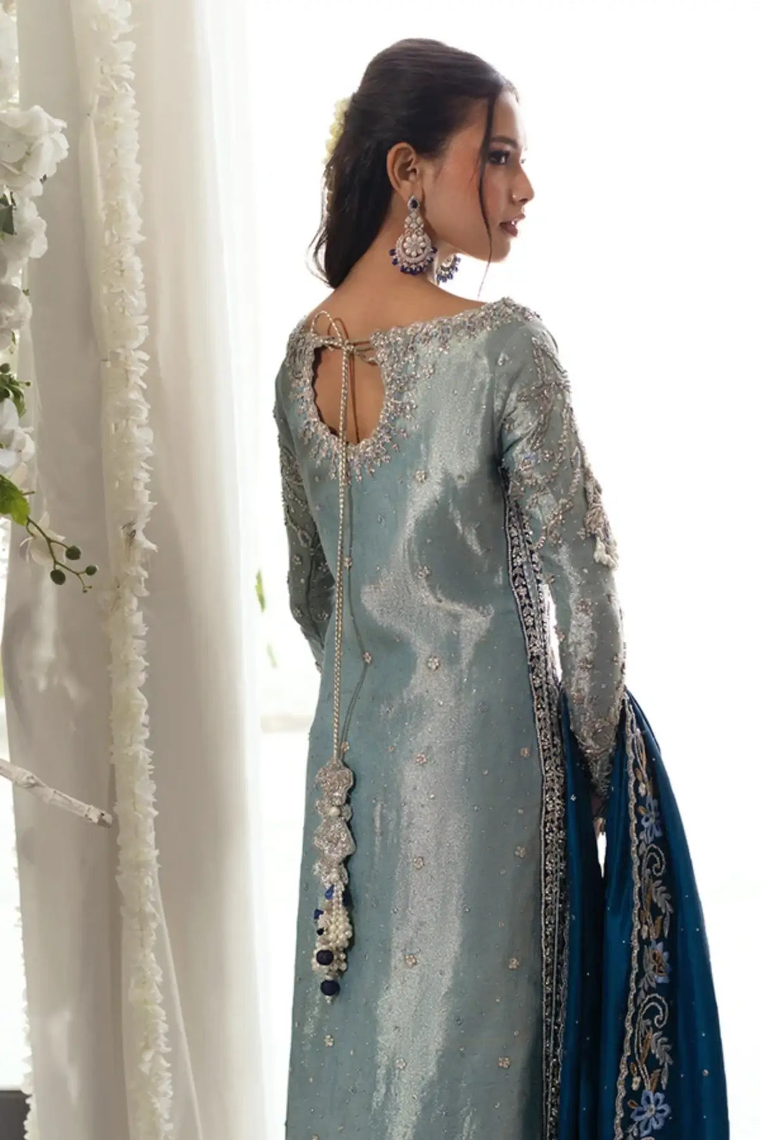 Mahsa Sage Green Embroidered Lame Silk Walima Stitched Suit with Cotton Silk Pants and Deep Teal Blue Raw Silk Dupatta