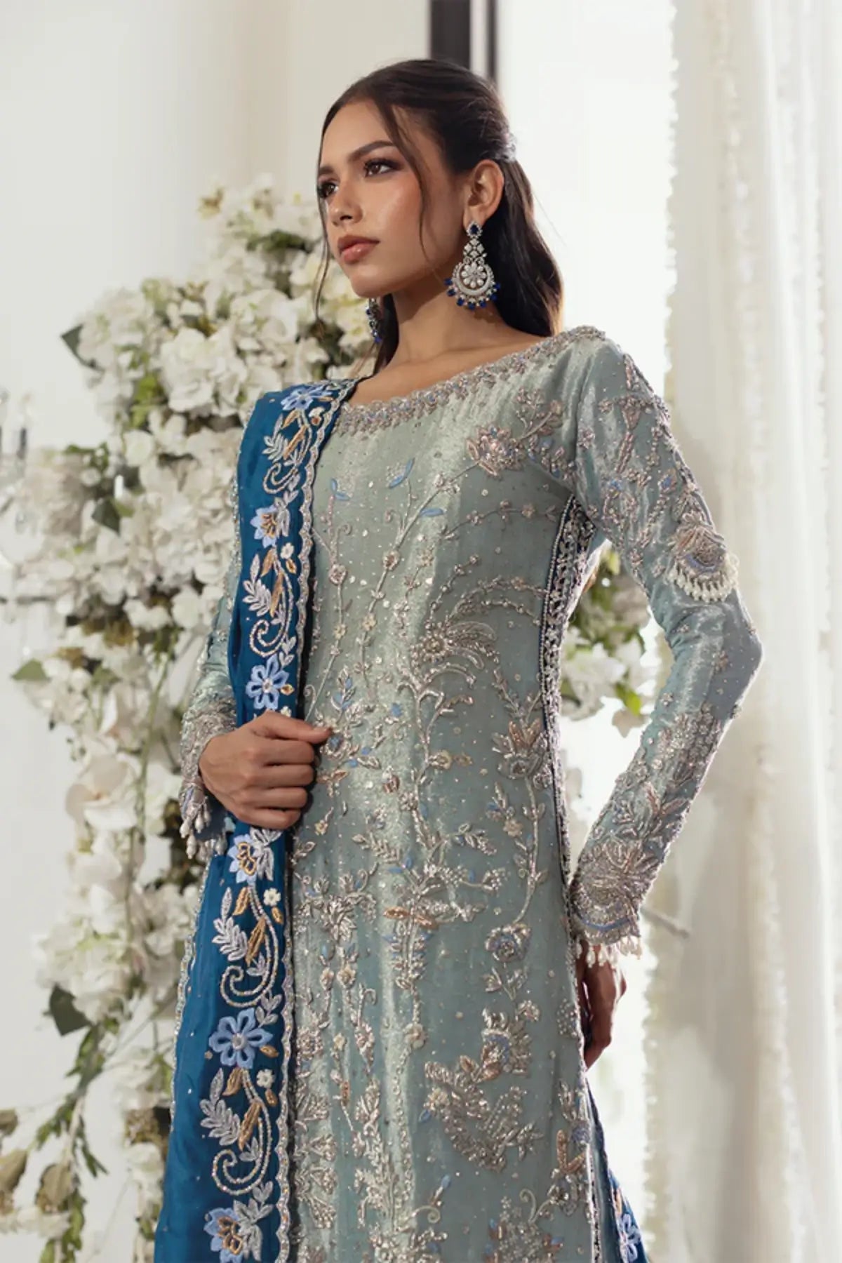 Mahsa Sage Green Embroidered Lame Silk Walima Stitched Suit with Cotton Silk Pants and Deep Teal Blue Raw Silk Dupatta