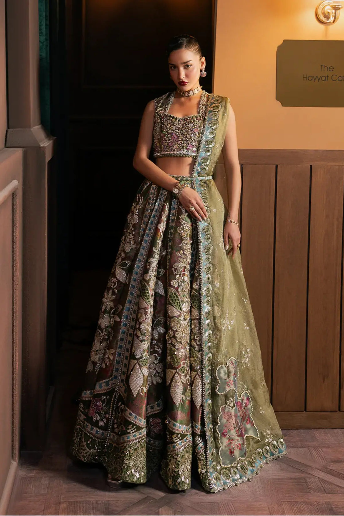 Mahsil Afrozeh olive green lehenga outfit with zari embellished shirt kunden net dupatta and rawsilk lehenga for mehndi night