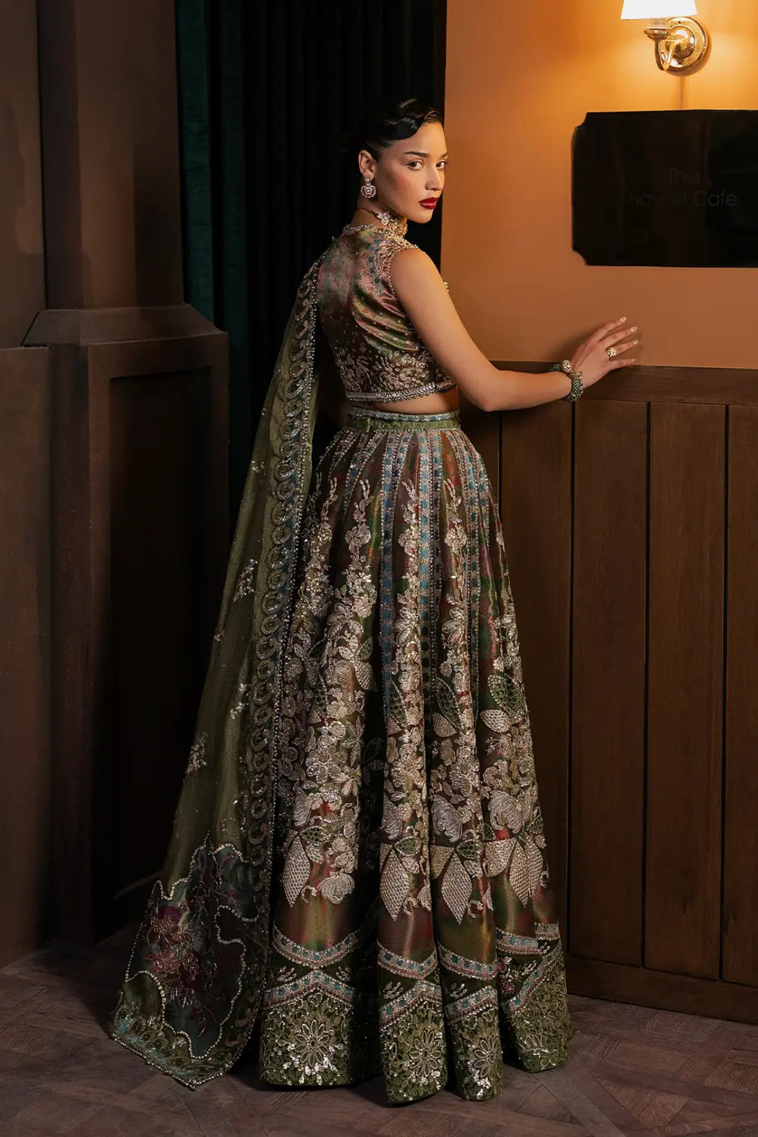 Mahsil Afrozeh olive green lehenga outfit with zari embellished shirt kunden net dupatta and rawsilk lehenga for mehndi night