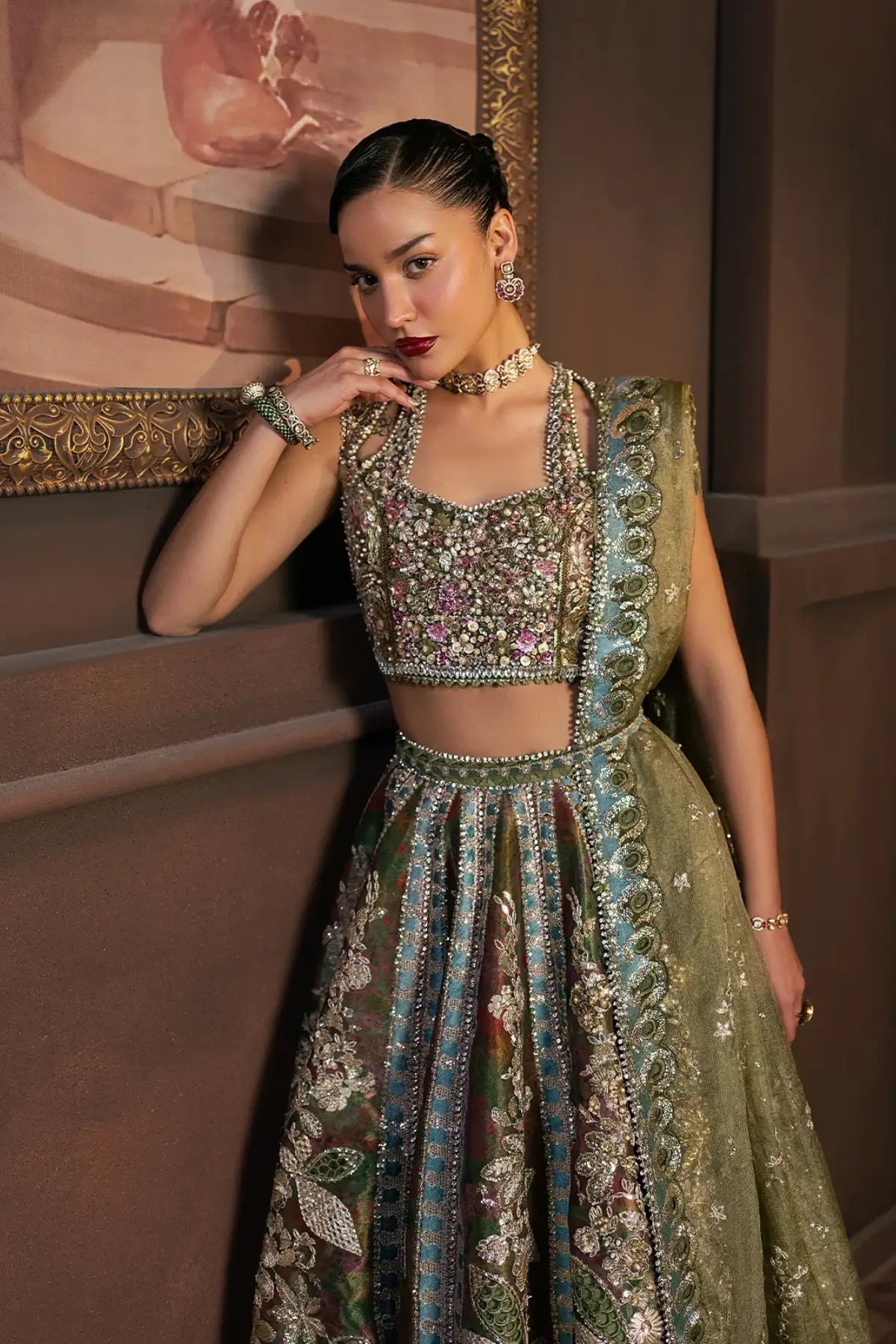 Mahsil Afrozeh olive green lehenga outfit with zari embellished shirt kunden net dupatta and rawsilk lehenga for mehndi night