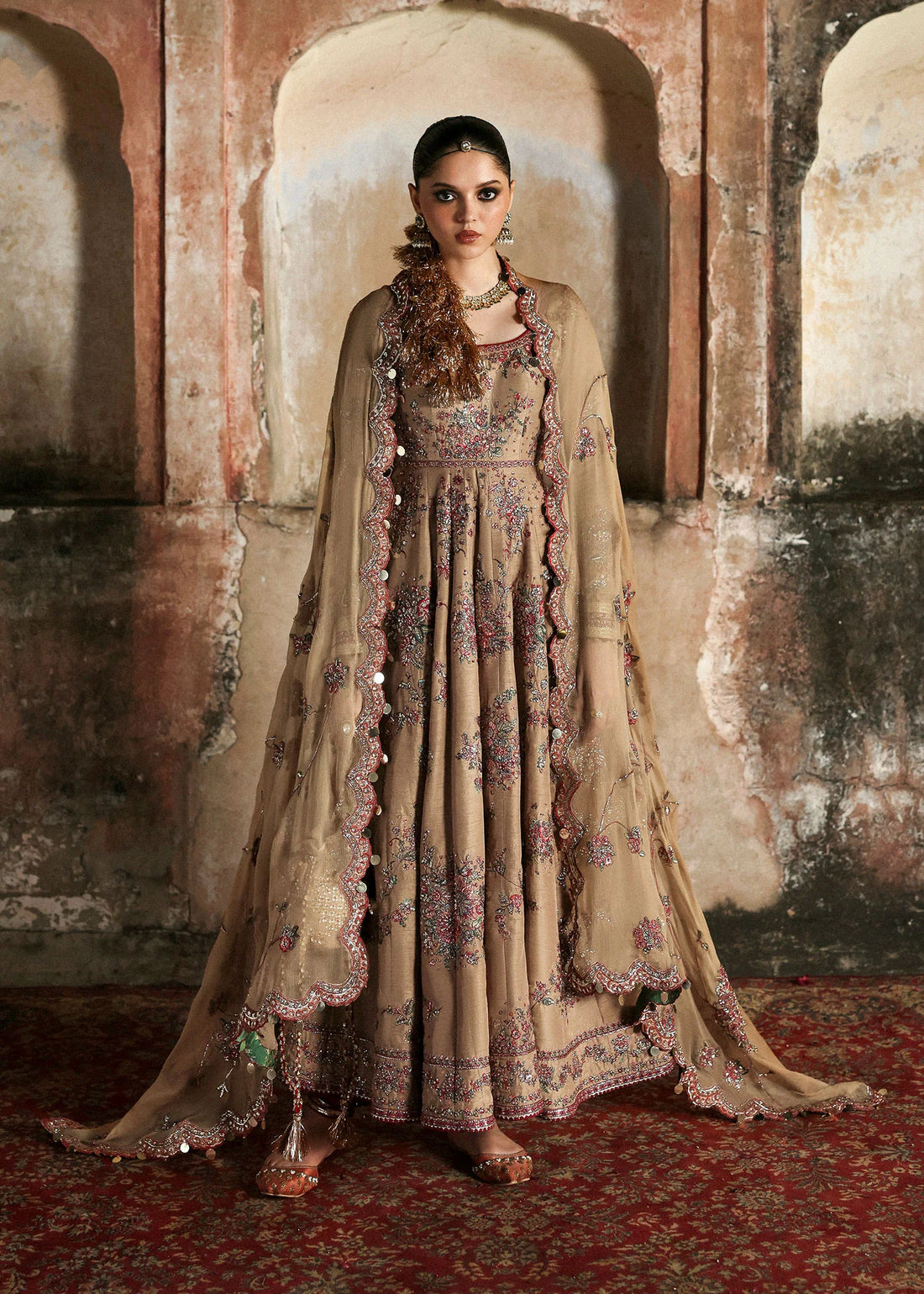 Mahvash by Hussain Rehar – Elegant beige raw silk embroidered pishwas with maroon pink churidar and chiffon dupatta, stitched festive wedding dress.