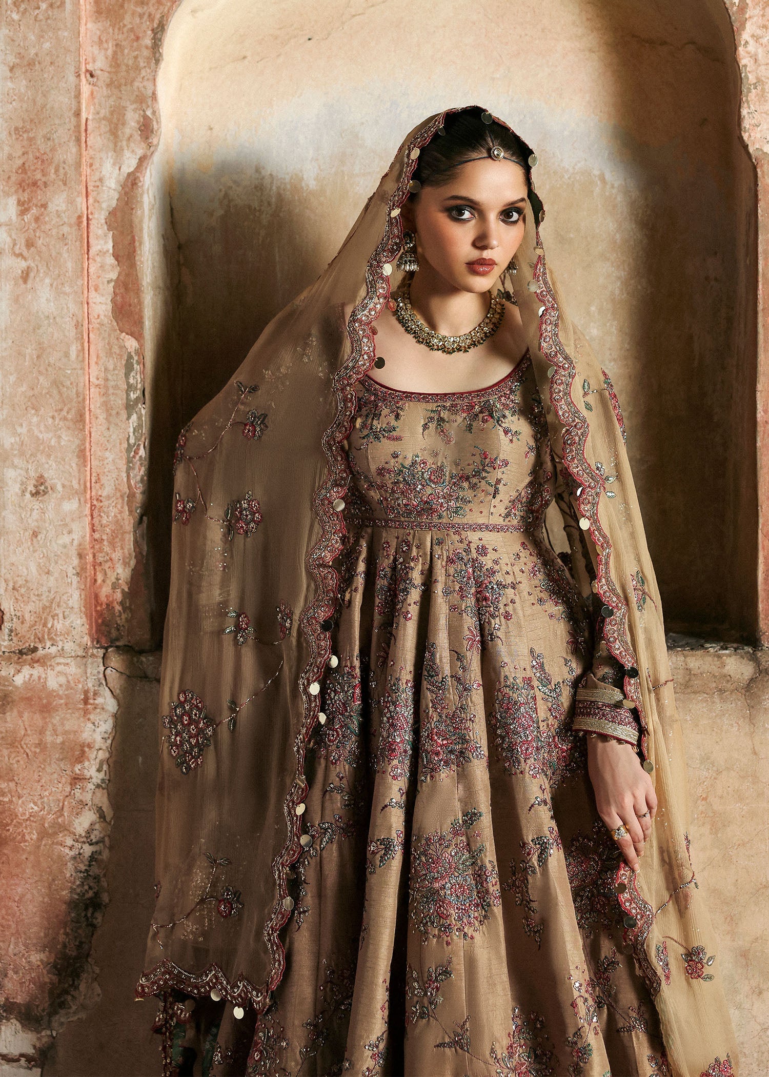 Mahvash by Hussain Rehar – Elegant beige raw silk embroidered pishwas with maroon pink churidar and chiffon dupatta, stitched festive wedding dress.