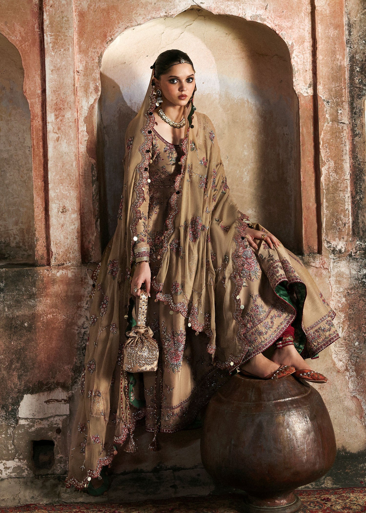 Mahvash by Hussain Rehar – Elegant beige raw silk embroidered pishwas with maroon pink churidar and chiffon dupatta, stitched festive wedding dress.