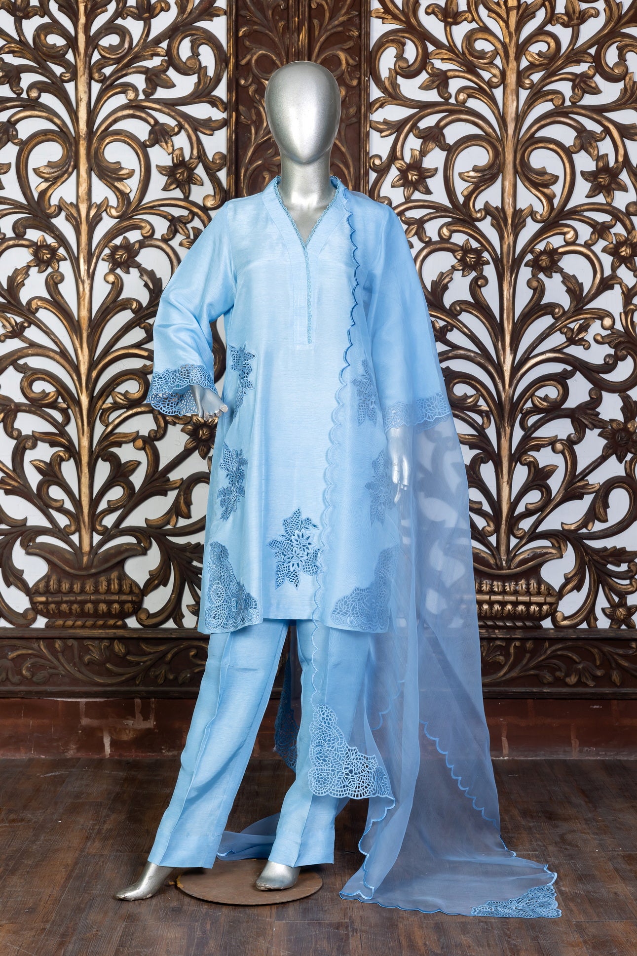 Powder blue Korean silk 3-piece suit with embroidered organza dupatta – MariamRaj festive wear for Eid and special occasions.