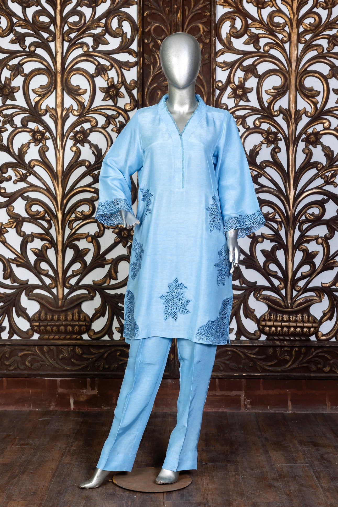 Powder blue Korean silk 3-piece suit with embroidered organza dupatta – MariamRaj festive wear for Eid and special occasions.