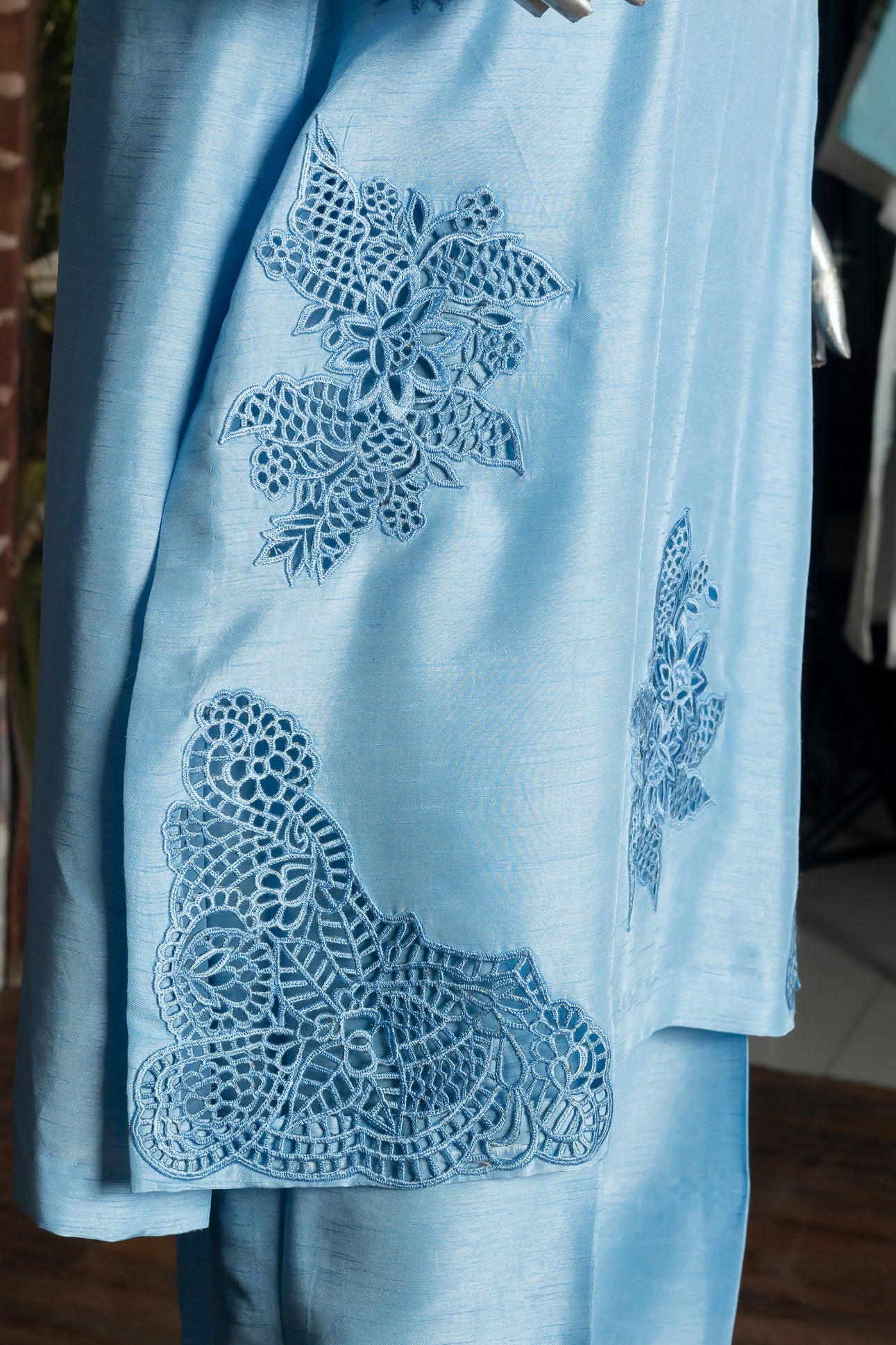 Powder blue Korean silk 3-piece suit with embroidered organza dupatta – MariamRaj festive wear for Eid and special occasions.