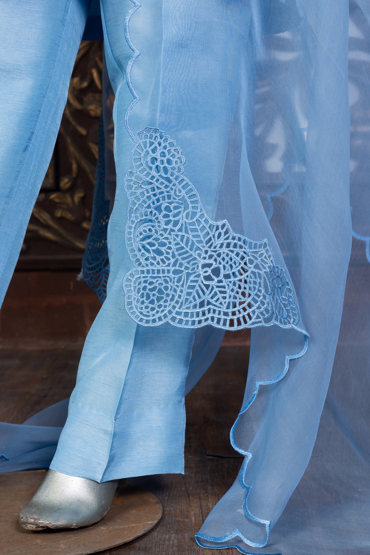 Powder blue Korean silk 3-piece suit with embroidered organza dupatta – MariamRaj festive wear for Eid and special occasions.