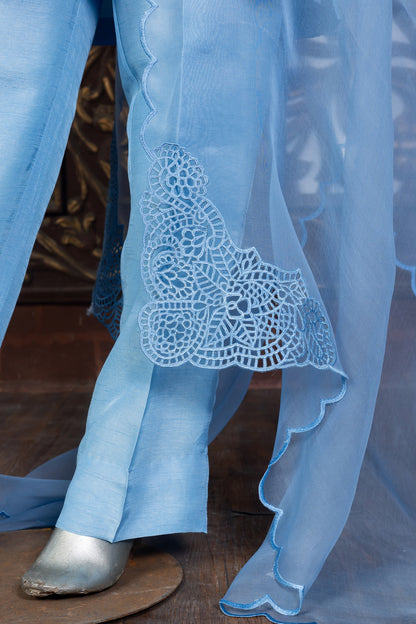 Powder blue Korean silk 3-piece suit with embroidered organza dupatta – MariamRaj festive wear for Eid and special occasions.