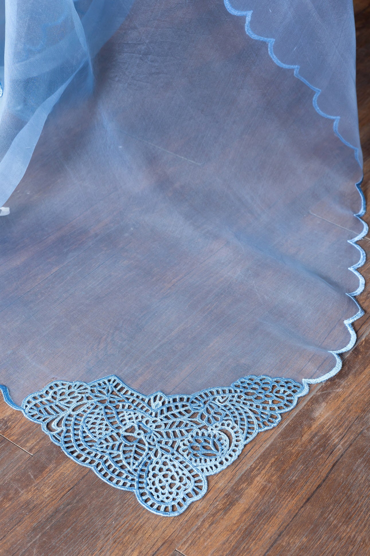 Powder blue Korean silk 3-piece suit with embroidered organza dupatta – MariamRaj festive wear for Eid and special occasions.