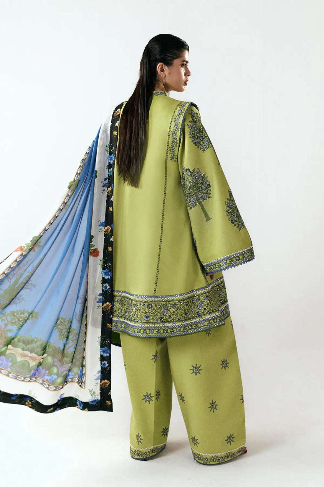 Mai by Jugnu Lahore light green stitched cotton suit with antique blue embroidery