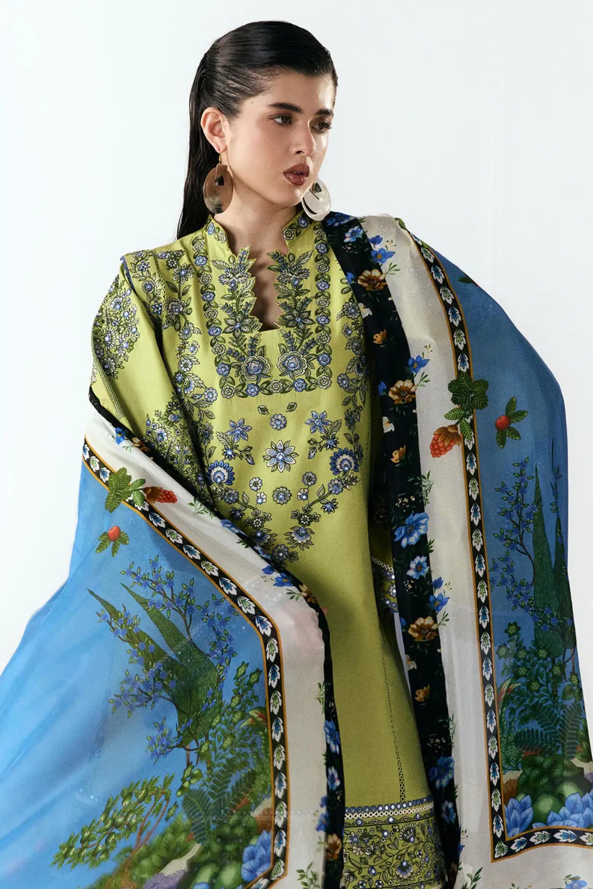 Mai by Jugnu Lahore light green stitched cotton suit with antique blue embroidery