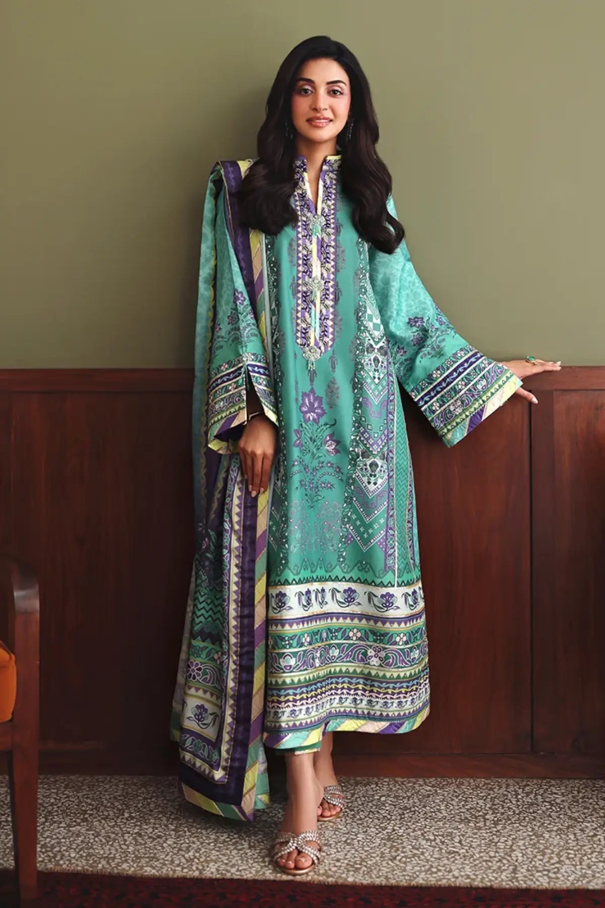 Main Character Nirvana Anmol Edit green printed embellished raw silk festive stitched Pakistani 3PC suit with printed silk dupatta