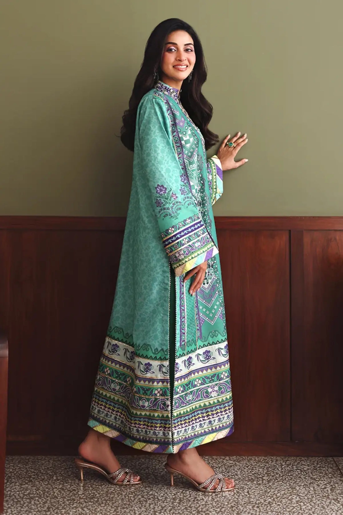 Main Character Nirvana Anmol Edit green printed embellished raw silk festive stitched Pakistani 3PC suit with printed silk dupatta