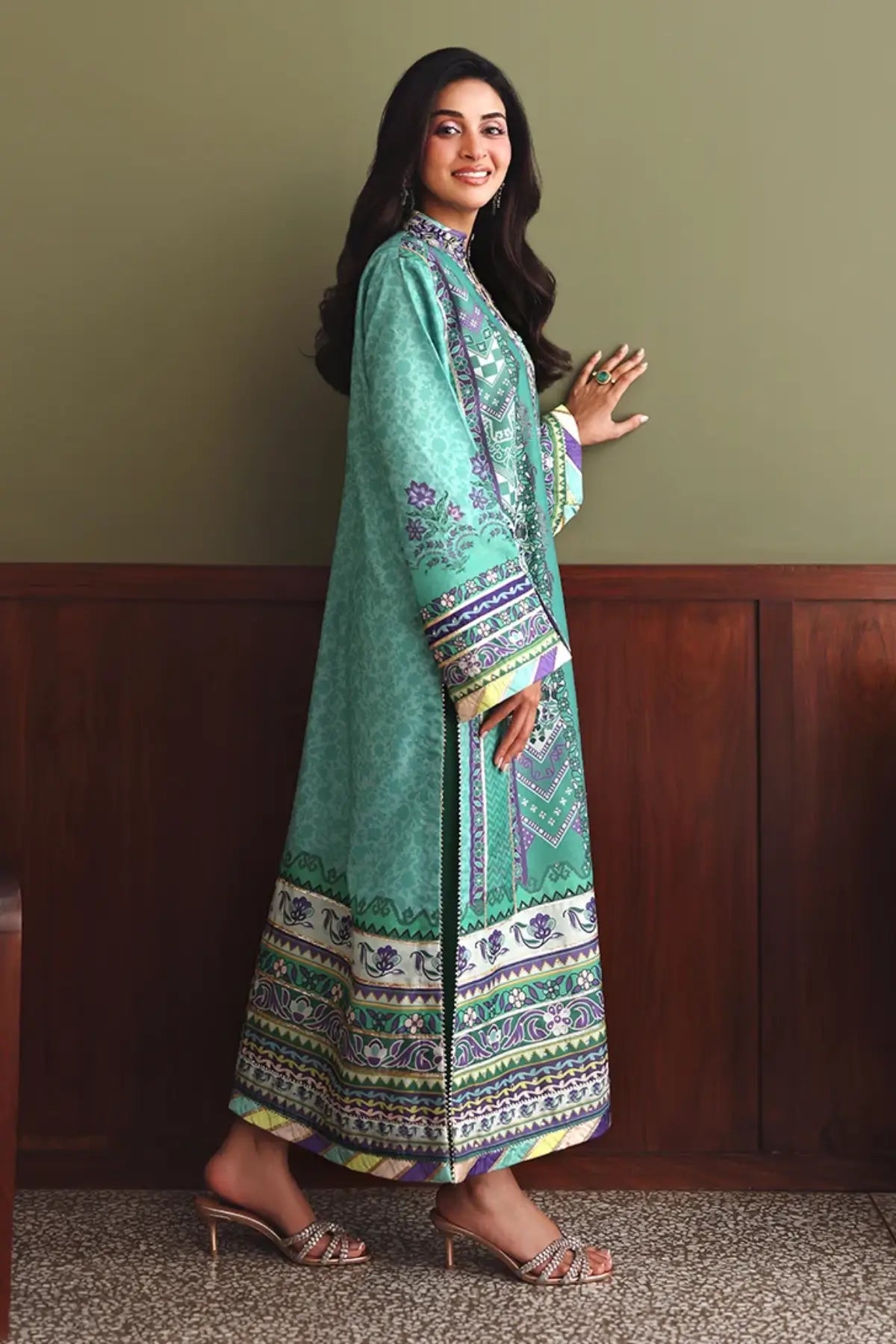 Main Character Nirvana Anmol Edit green printed embellished raw silk festive stitched Pakistani 3PC suit with printed silk dupatta