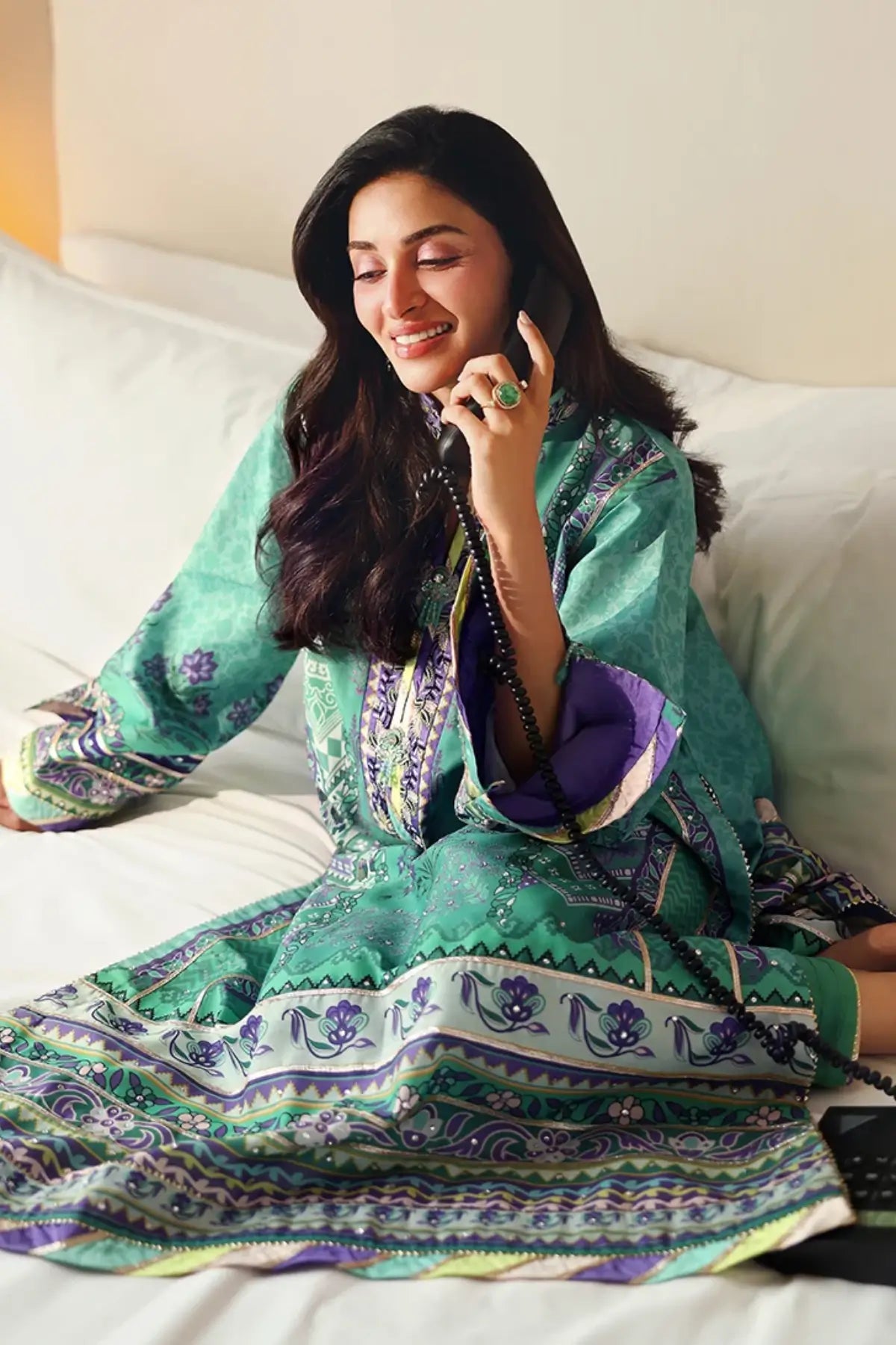 Main Character Nirvana Anmol Edit green printed embellished raw silk festive stitched Pakistani 3PC suit with printed silk dupatta