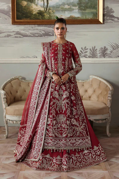 Majeste maroon organza handcrafted bridal lehenga set with dupatta by Akbar Aslam, luxury couture outfit for receptions and wedding brides.