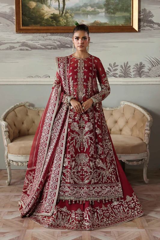 Majeste maroon organza handcrafted bridal lehenga set with dupatta by Akbar Aslam, luxury couture outfit for receptions and wedding brides.