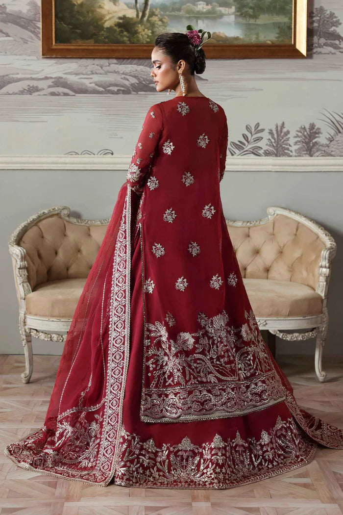 Majeste maroon organza handcrafted bridal lehenga set with dupatta by Akbar Aslam, luxury couture outfit for receptions and wedding brides.