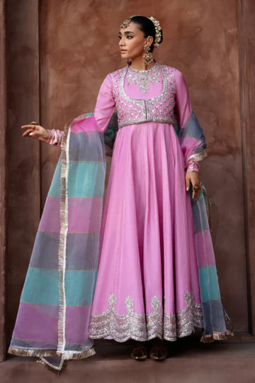 Mala carnation pink embroidered raw silk pishwas with organza dupatta for Eid