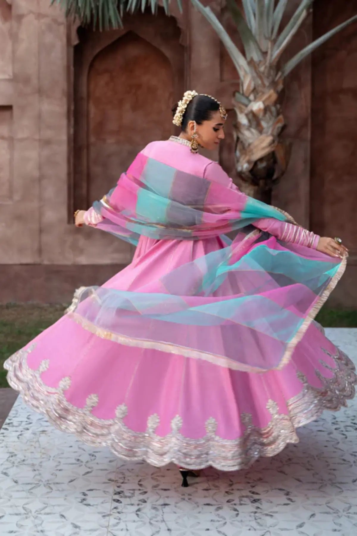 Mala carnation pink embroidered raw silk pishwas with organza dupatta for Eid