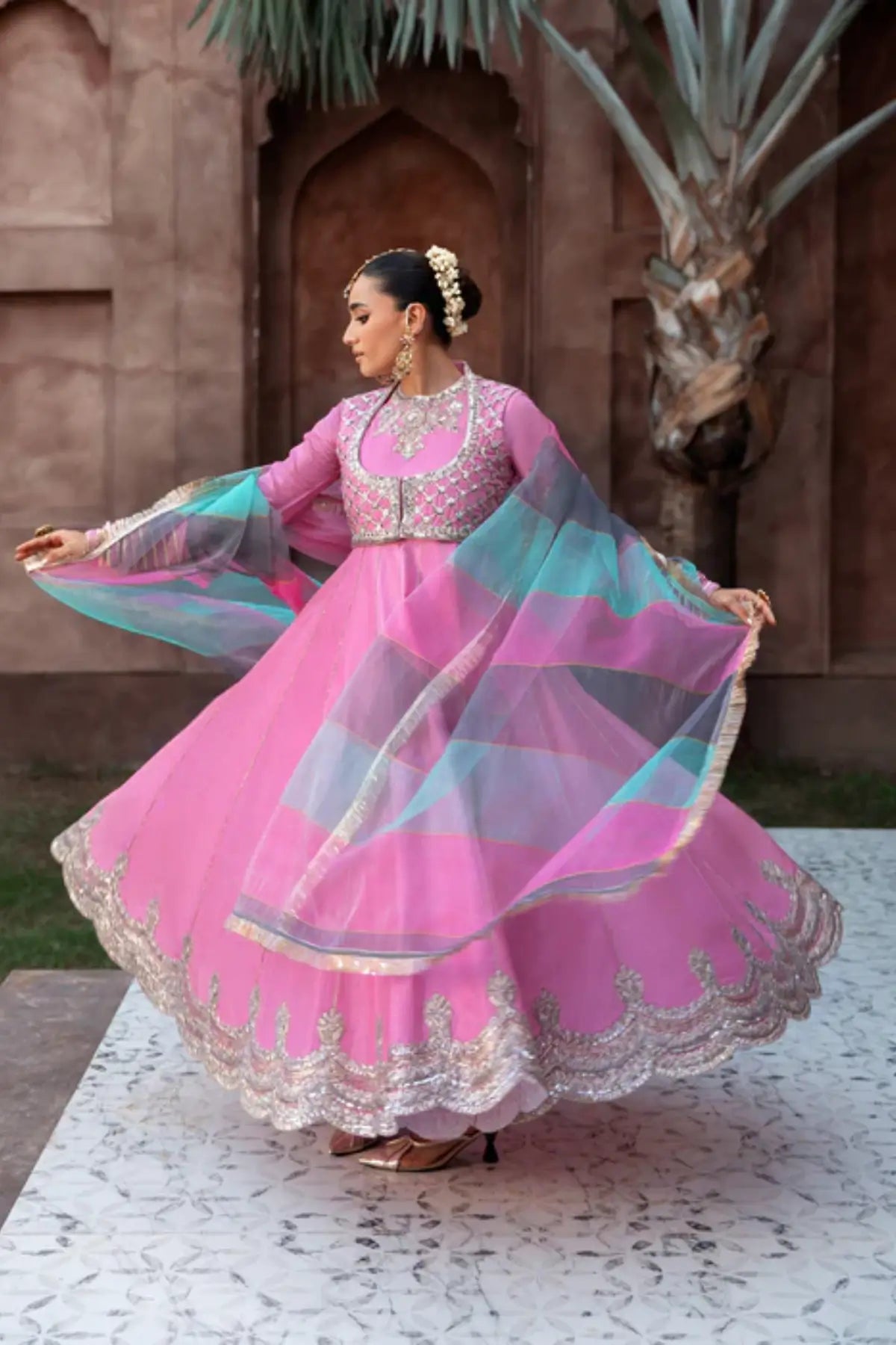 Mala carnation pink embroidered raw silk pishwas with organza dupatta for Eid