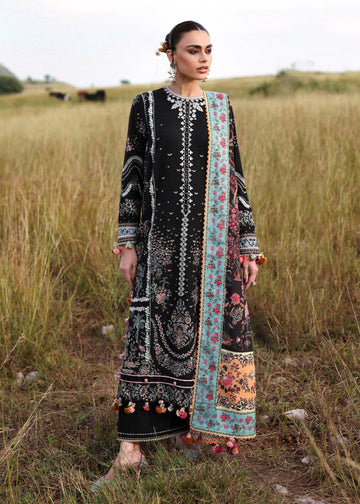Hussain Rehar Malika black embroidered khaddar stitched winter suit with printed wool shawl at Pakistanimoda.