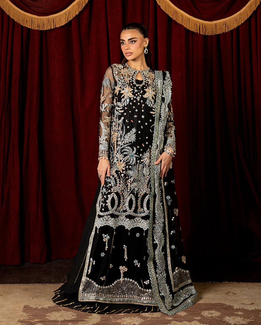 Malika black embroidered net long shirt with raw silk lehenga and sequined net dupatta from Mushq Darlings Wedding Collection at Pakistanimoda.
