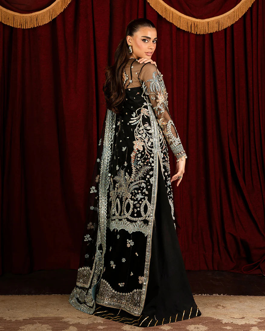 Malika black embroidered net long shirt with raw silk lehenga and sequined net dupatta from Mushq Darlings Wedding Collection at Pakistanimoda.