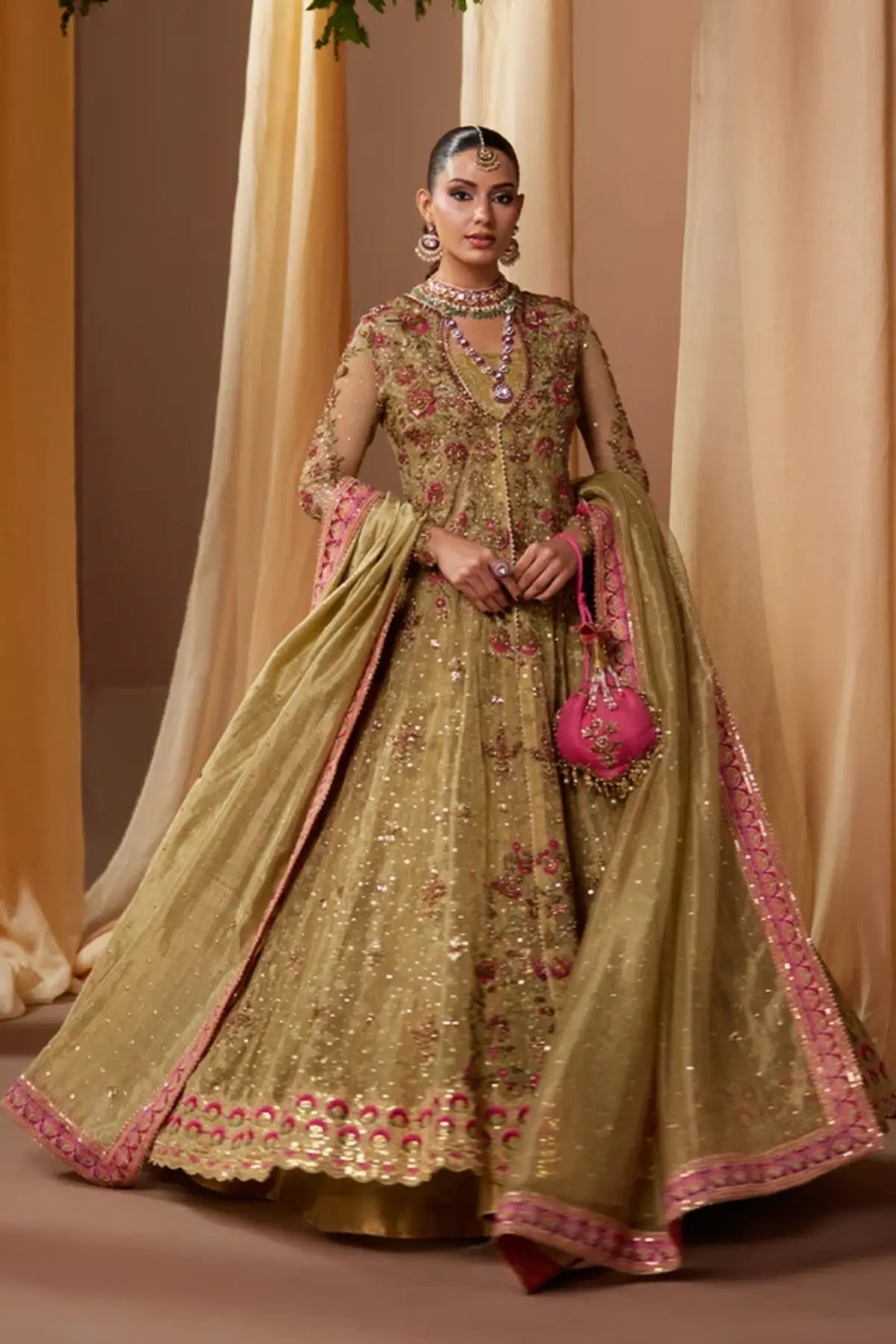 Malka Antique Gold Embellished Net Baraat Stitched Suit with Floral Embroidery, Lame Lehenga, Lame Dupatta and Matching Pouch