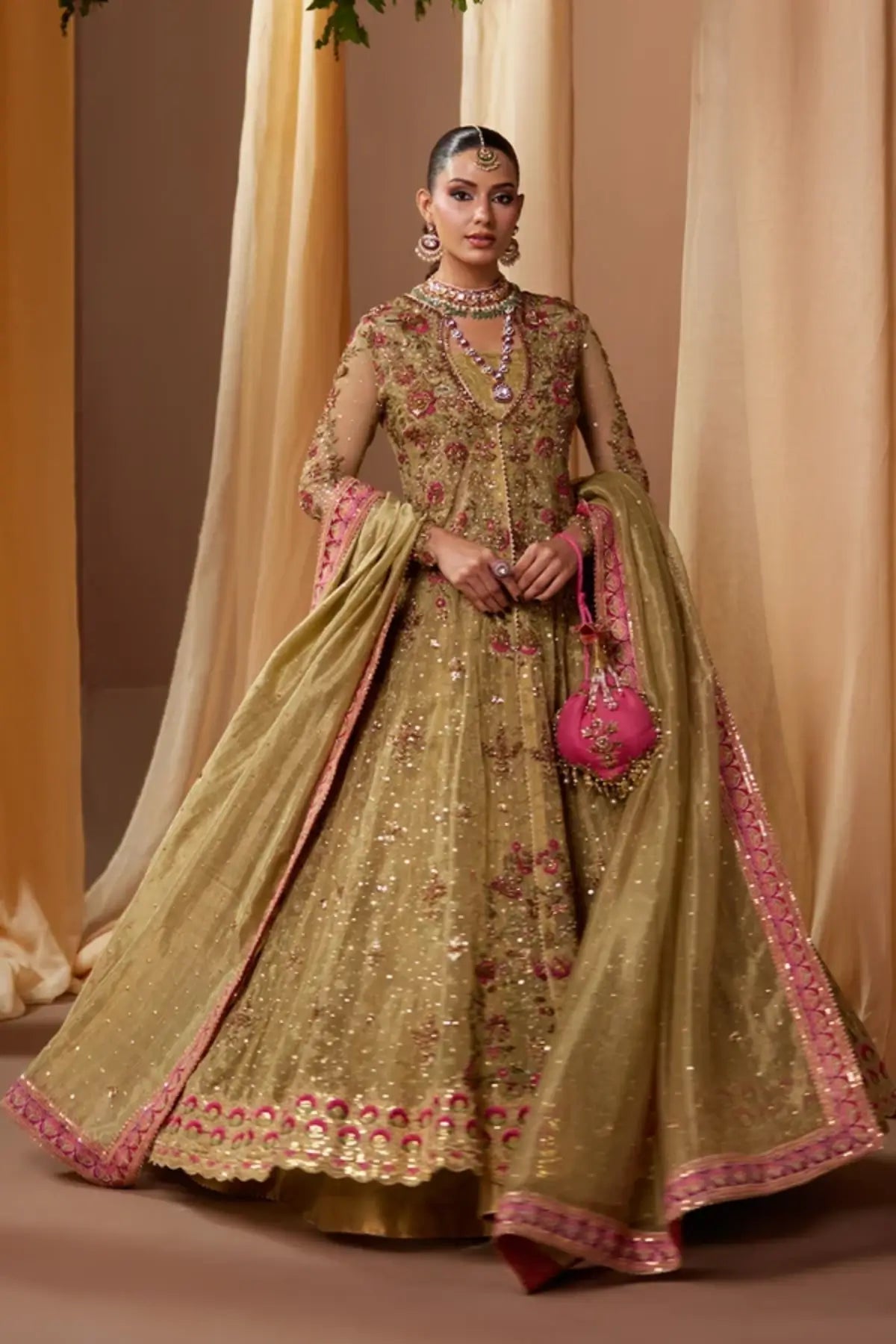 Malka Antique Gold Embellished Net Baraat Stitched Suit with Floral Embroidery, Lame Lehenga, Lame Dupatta and Matching Pouch
