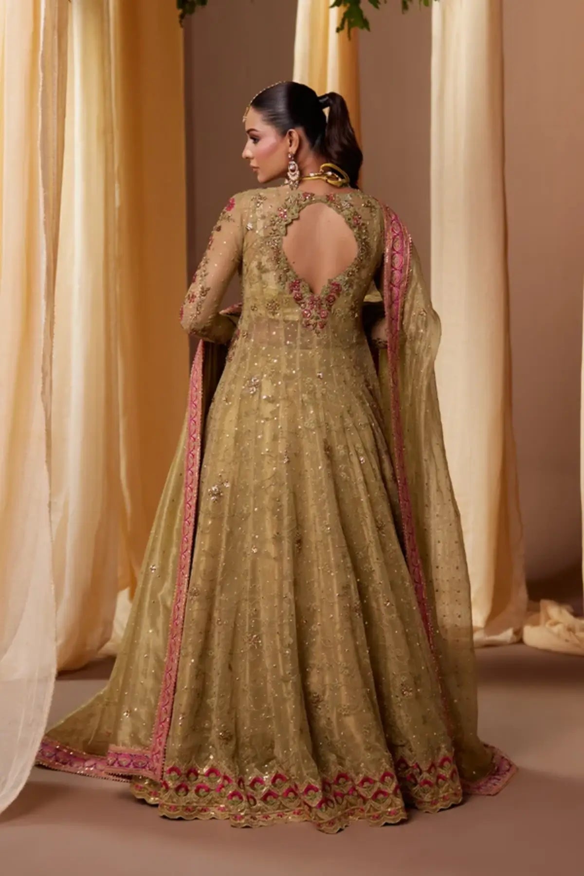 Malka Antique Gold Embellished Net Baraat Stitched Suit with Floral Embroidery, Lame Lehenga, Lame Dupatta and Matching Pouch