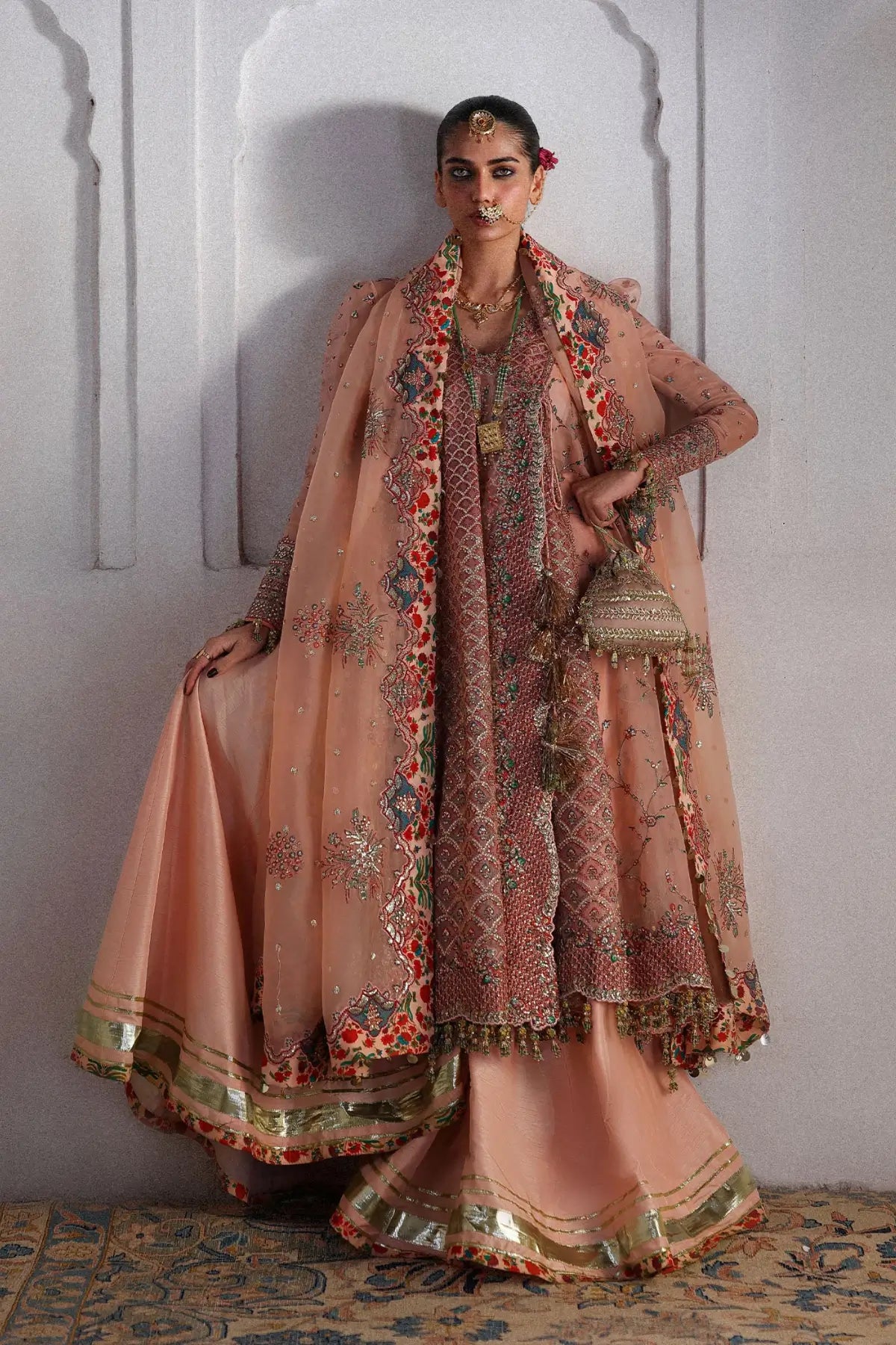 Pakistanimoda Malka Hussain Rehar peachy pink organza angrakha pishwas 3PC raw silk sharara organza dupatta worldwide delivery
