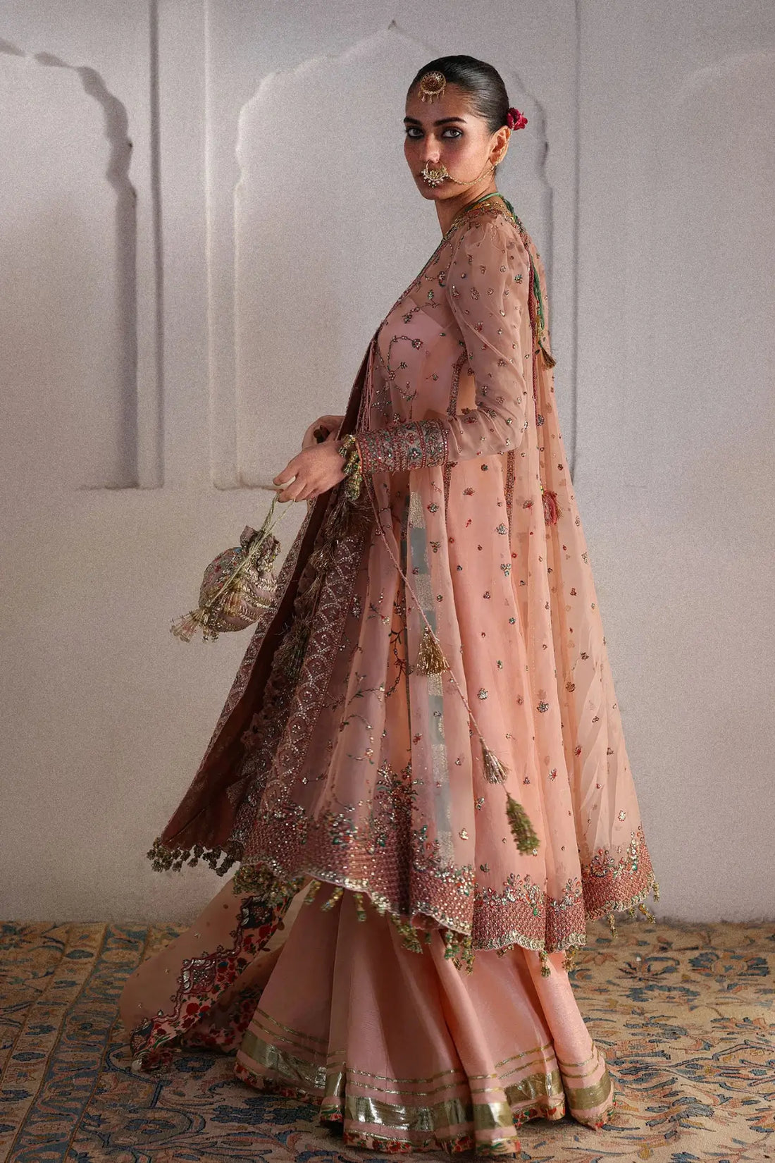 Pakistanimoda Malka Hussain Rehar peachy pink organza angrakha pishwas 3PC raw silk sharara organza dupatta worldwide delivery