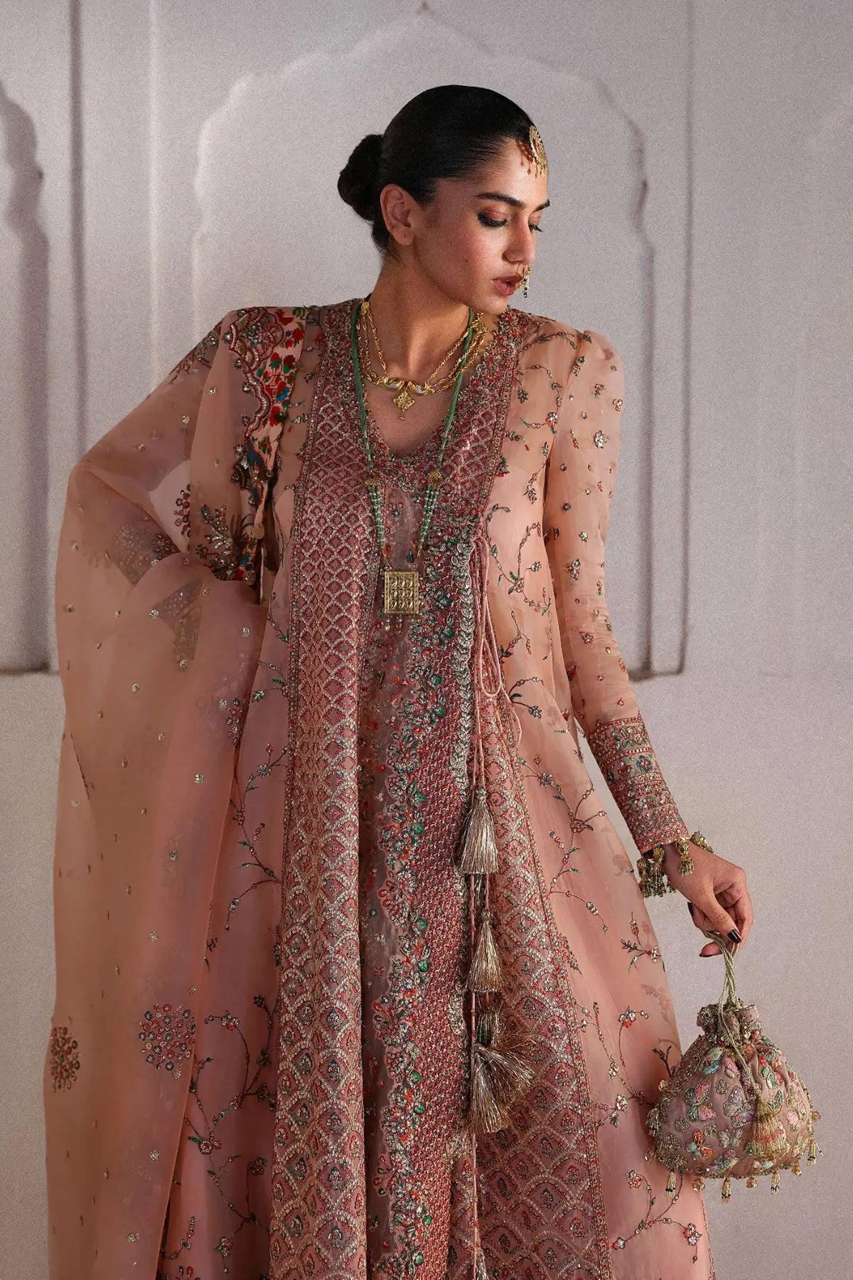 Pakistanimoda Malka Hussain Rehar peachy pink organza angrakha pishwas 3PC raw silk sharara organza dupatta worldwide delivery