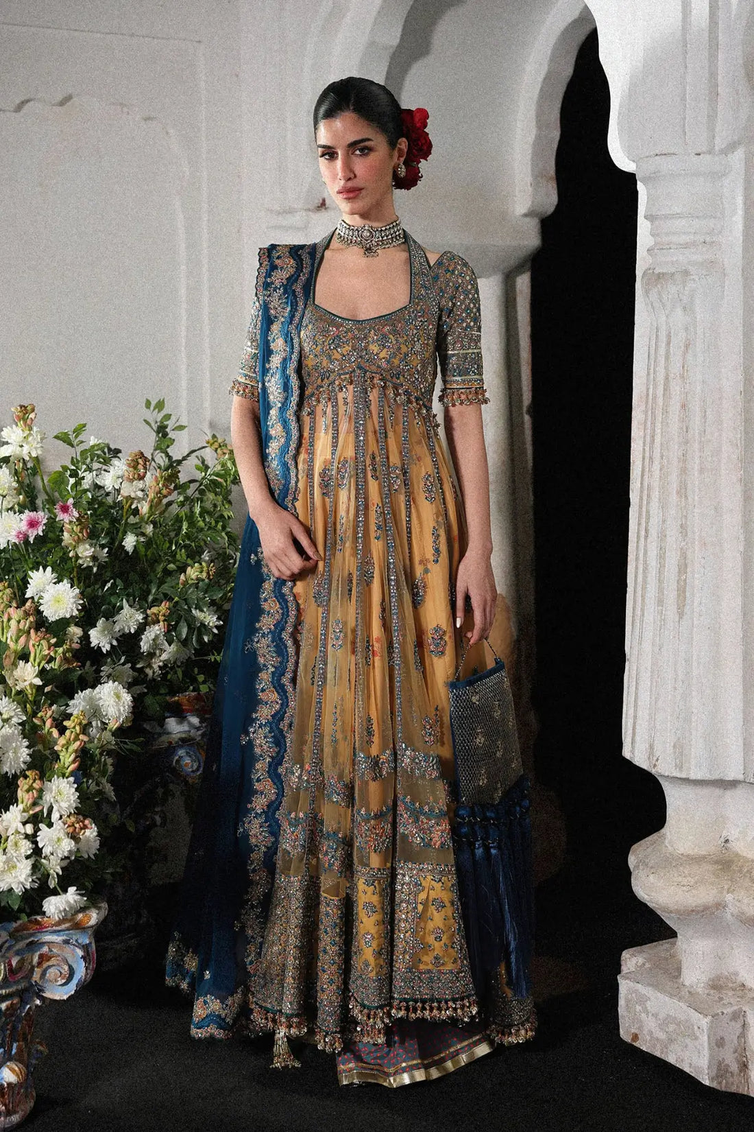 Pakistanimoda Man Jogi Hussain Rehar butter yellow net pishwas 3PC raw silk sharara chiffon dupatta worldwide delivery