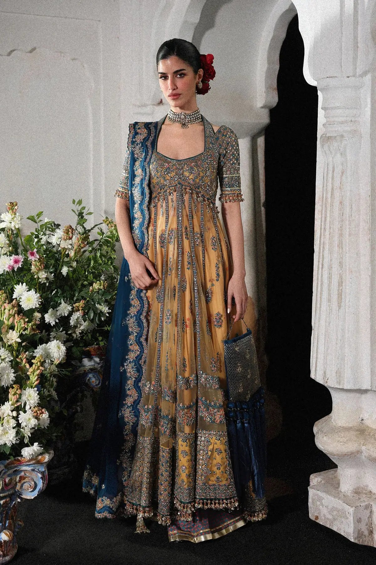 Pakistanimoda Man Jogi Hussain Rehar butter yellow net pishwas 3PC raw silk sharara chiffon dupatta worldwide delivery