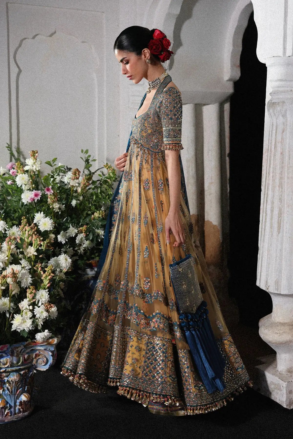 Pakistanimoda Man Jogi Hussain Rehar butter yellow net pishwas 3PC raw silk sharara chiffon dupatta worldwide delivery