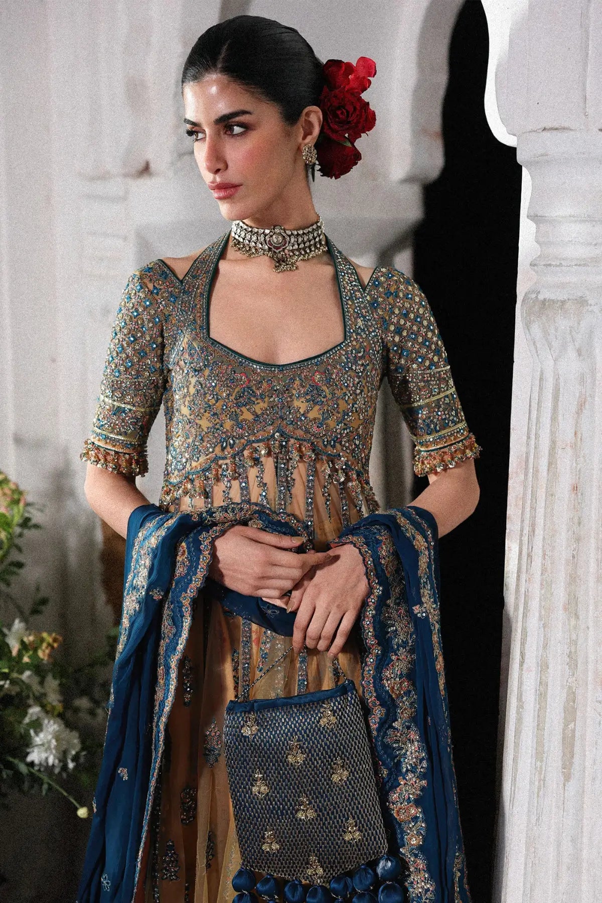 Pakistanimoda Man Jogi Hussain Rehar butter yellow net pishwas 3PC raw silk sharara chiffon dupatta worldwide delivery