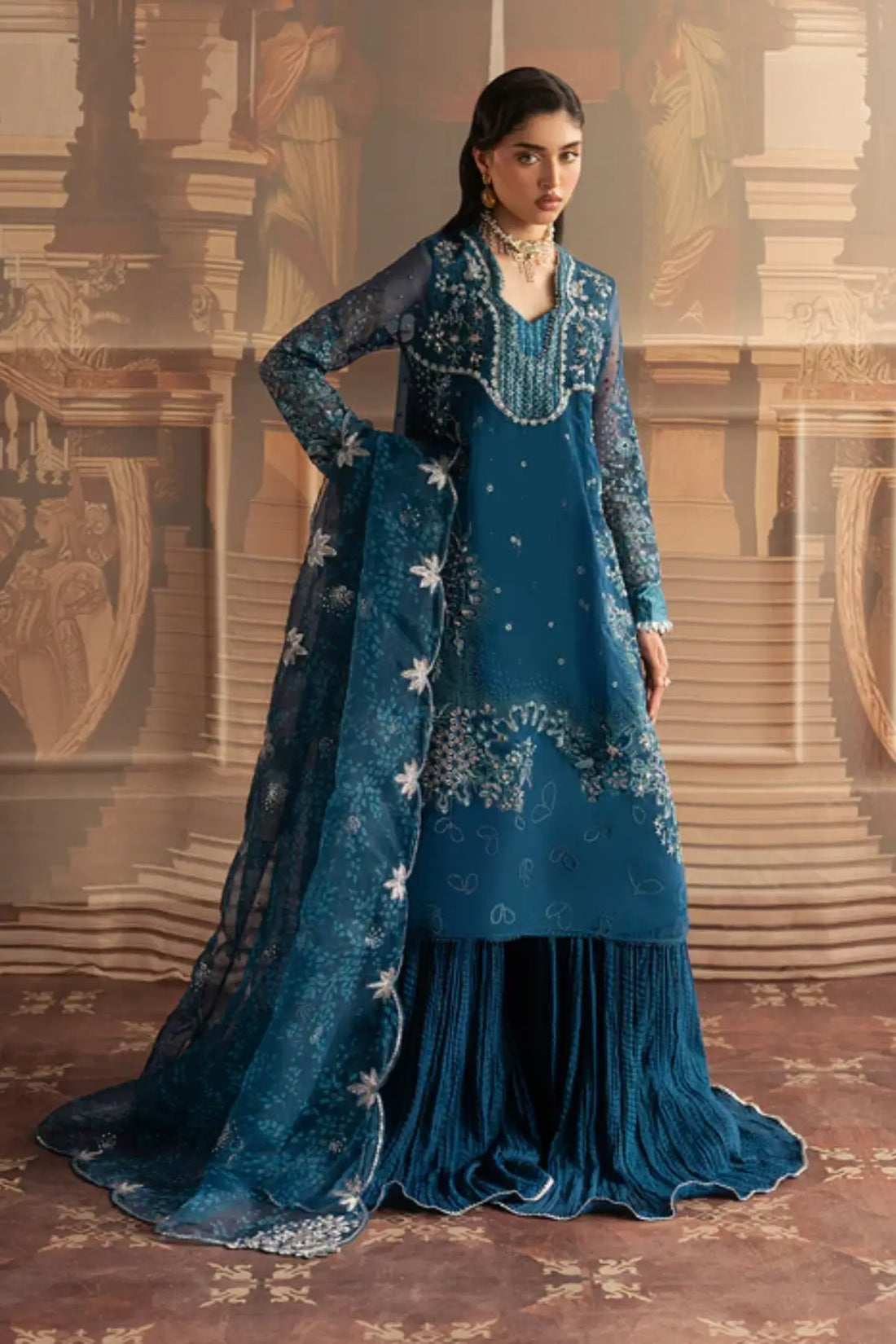 Marine Elan by Sadaf Fawad Khan teal organza sharara from Roya Lumière Collection