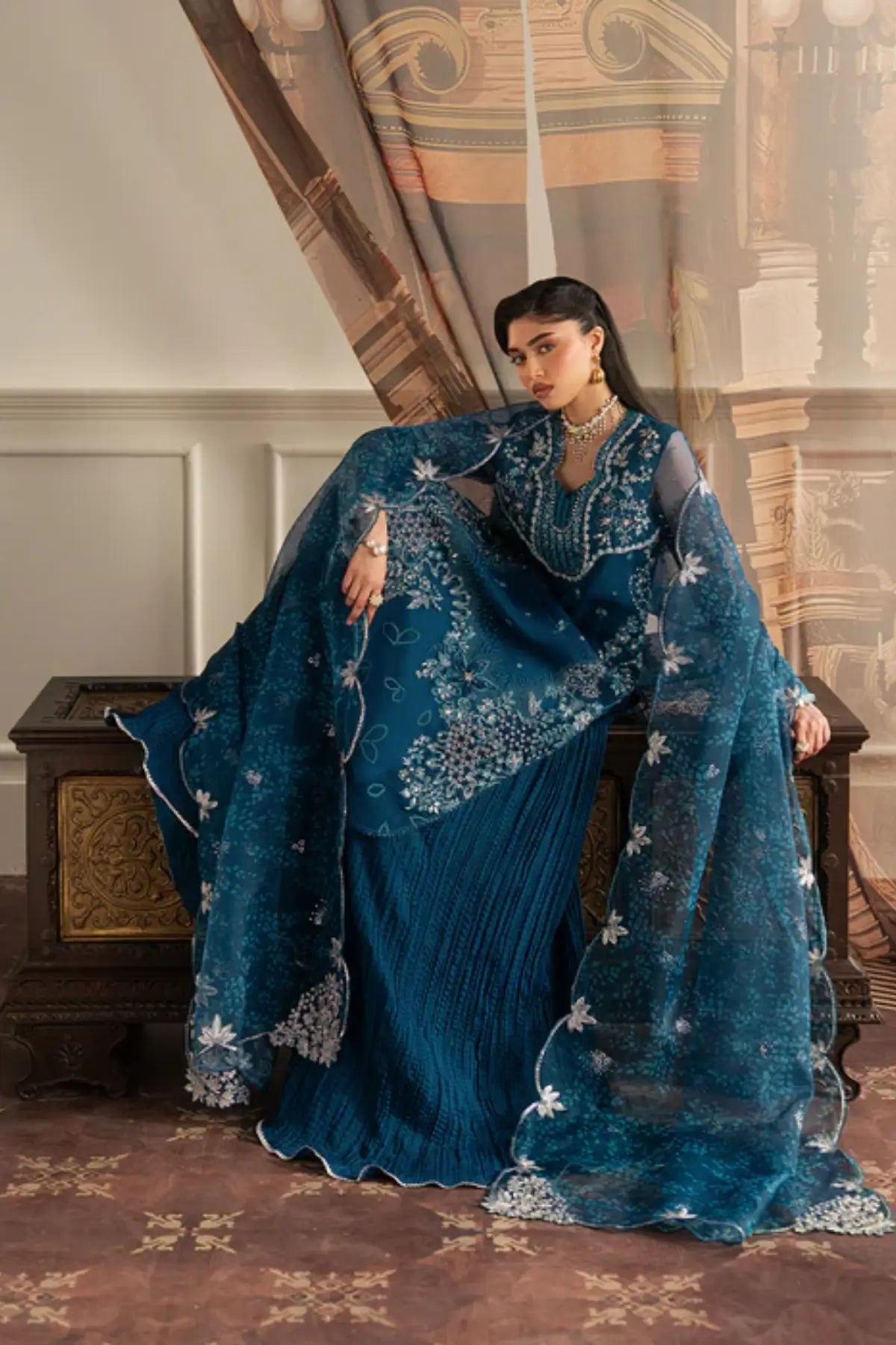 Marine Elan by Sadaf Fawad Khan teal organza sharara from Roya Lumière Collection