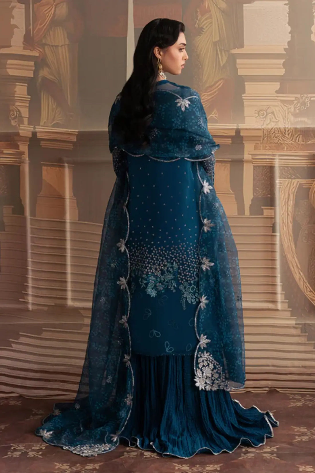 Marine Elan by Sadaf Fawad Khan teal organza sharara from Roya Lumière Collection