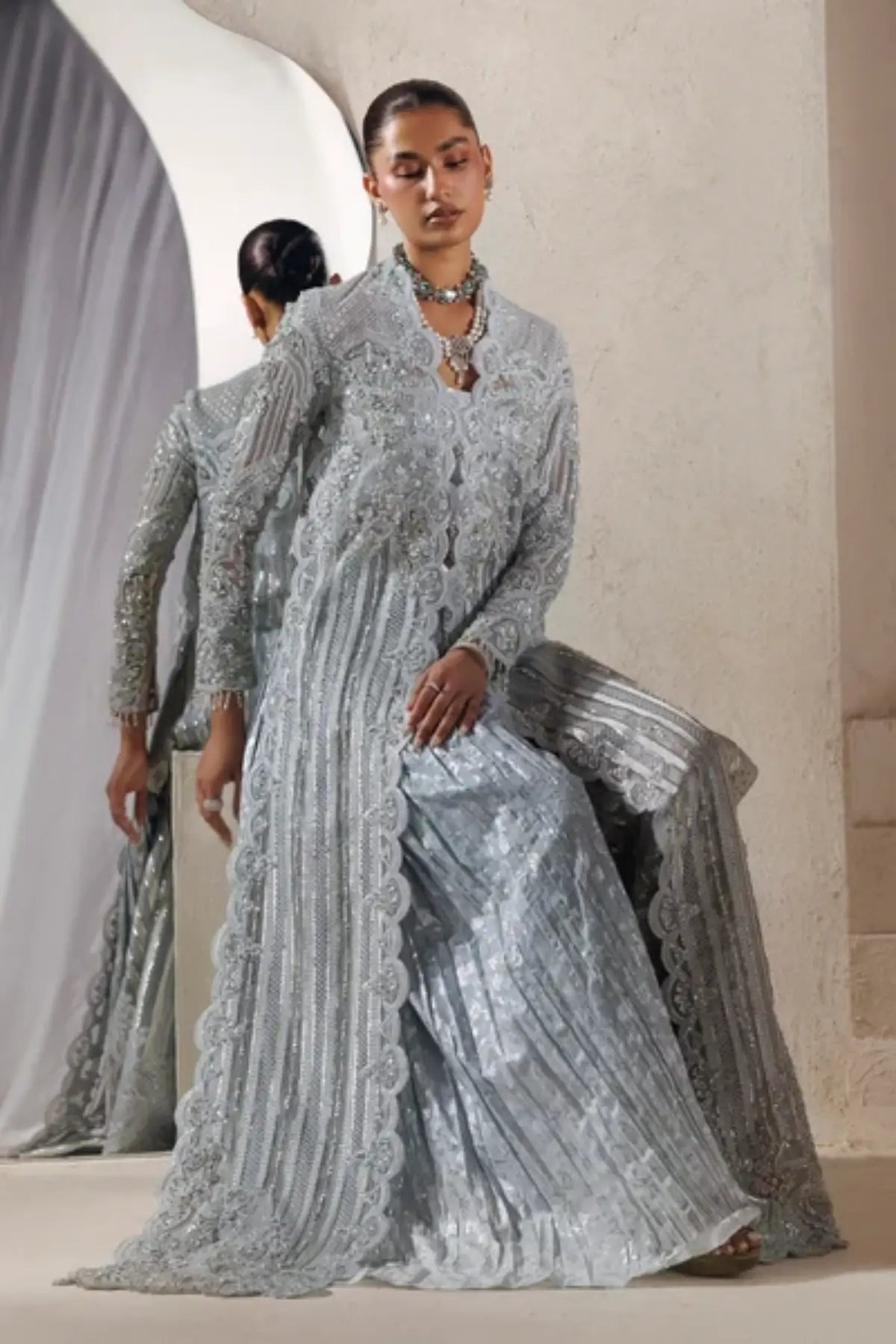 Marisol Modern Muse 26 silver organza reception stitched sharara dress with hand embellishment and embroidered net dupatta