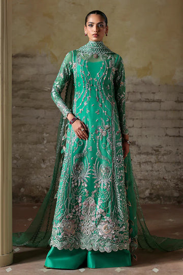 Maristella Soraya Mazari Green Stitched Festive Occasion Outfit with embellished shirt, trousers and dupatta, available at Pakistanimoda.