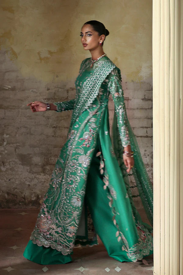 Maristella Soraya Mazari Green Stitched Festive Occasion Outfit with embellished shirt, trousers and dupatta, available at Pakistanimoda.
