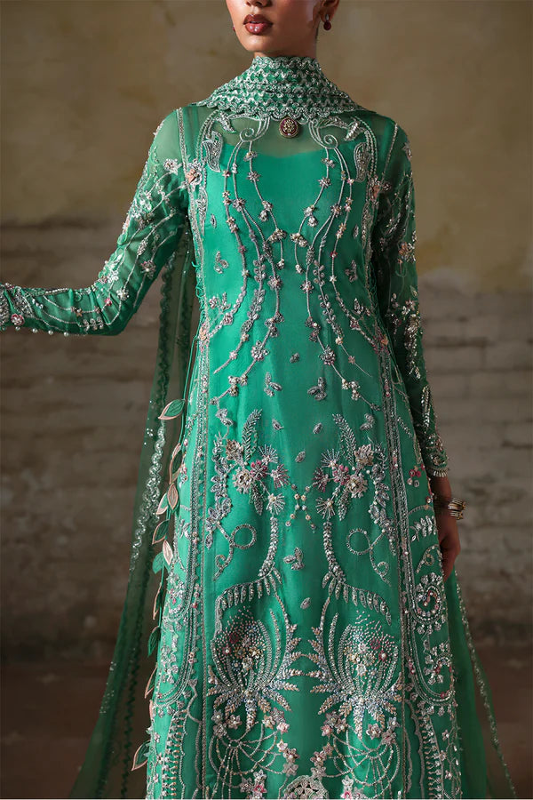 Maristella Soraya Mazari Green Stitched Festive Occasion Outfit with embellished shirt, trousers and dupatta, available at Pakistanimoda.